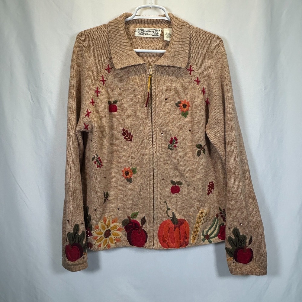 VTG Tiara International Thanksgiving Fall Sweater Zip Pumpkin Leaves Large Beads